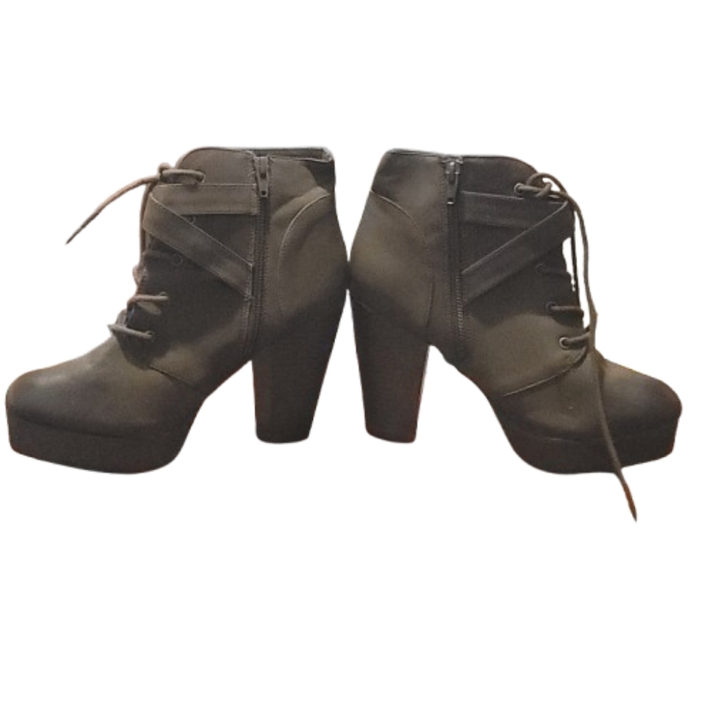 Material Girl Boots Army Green Brown Heeled Lace-Up Zipper Design Buckle 8.5